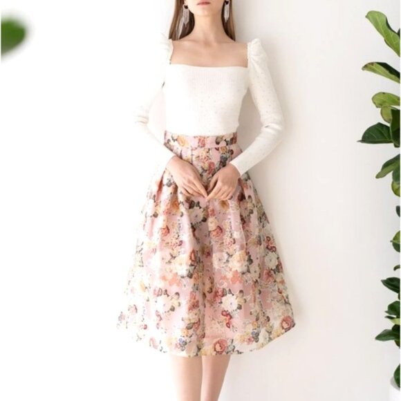 Chicwish Dresses & Skirts - Chicwish Womens Sz L Pastel Pink Floral Pleat Midi Skirt Lined Romantic Modest